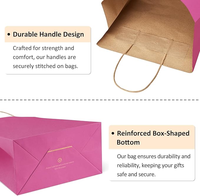 BagDream Kraft Paper Bags 100Pcs 5.25x3x8 Inches Small Paper Gift Bags with Handles Bulk, for Shopping, Retail, Business, Party Favor, Pink Gift Sacks