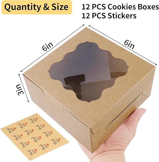 WINKIO 12 Pieces Cookie Boxes with Window, 6×6×3 Inches Treat Boxes for Bakery Dessert Pastry Mini Cake Favor Donut Baked Goods (brown, with Stickers)