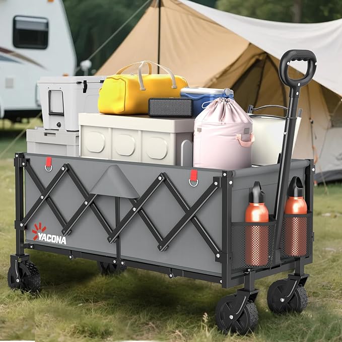 35" L Extra Long Wagons Carts Foldable, 360LBS Heavy Duty Collapsible Wagon with Wheels, Folding Wagon Portable Utility Cart for Groceries, Shopping, Camping, Sports