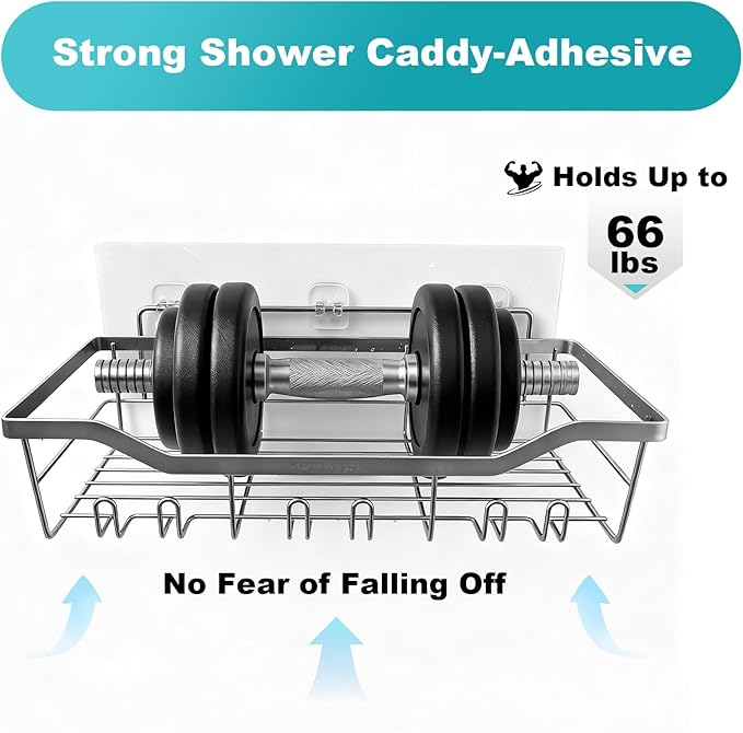 Shower Caddy with Hooks, Shower Shelf - 304 Stainless Steel Shower Rack, Anticorrosive, Rust-proof, Waterproof Bathroom Shelves Storage and Organization - White Silver Shower Shelves