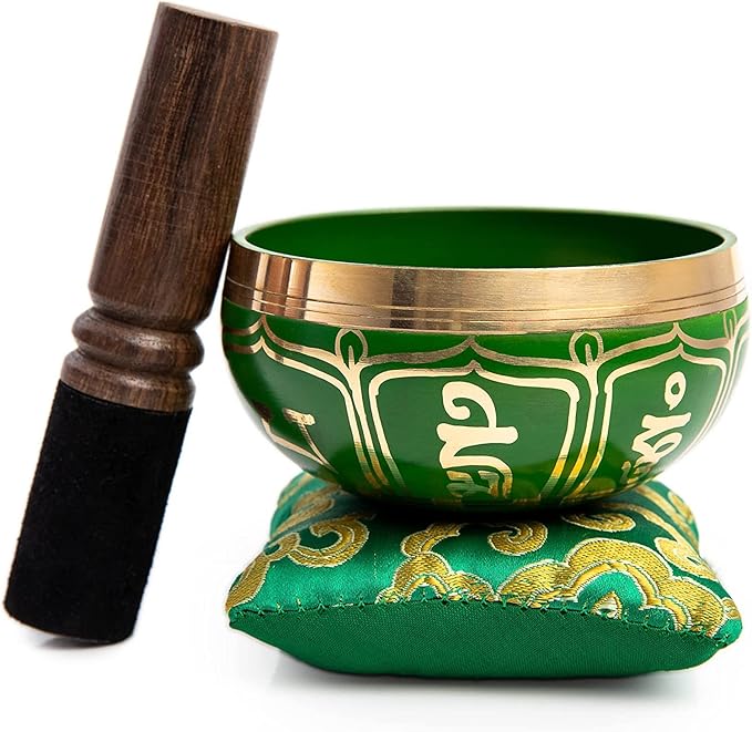 Tibetan Singing Bowl Set - Authentic Handcrafted Mindfulness Meditation Holistic Sound 7 Chakra Healing by Himalayan Bazaar (Emerald)