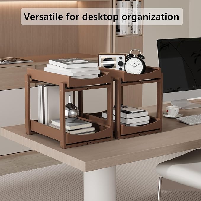 Wisuce Essentials Bamboo Under Sink Organizer Adjustable Height 2 Tier Bathroom Organizer Pull Out Cabinet Storage Kitchen Heave Duty Wood Slide Ou Shelf for Kitchen Bathroom (Brown, 2 Packs)