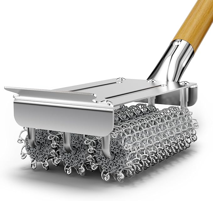 HOUSE AGAIN Grill Brush Bristle Free, Stainless Steel Food-Grade Brush Head with Scraper, Safe BBQ Outdoor Grill Cleaning Brush Barbecue Steam Grill Cleaner Non Wire for Grill Grate/Long Wood Handle