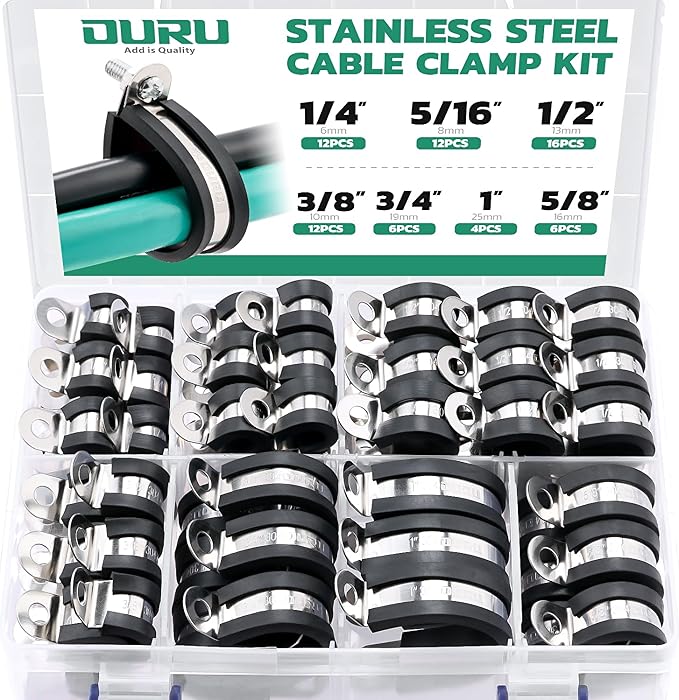 OURU 68PCS Cable Clamps Assortment Kit,7 Sizes Stainless Steel Rubber Coated Cushioned Insulated Cable Clamps-Metal Wire Clamps,Pipe Clamps for Tube,Lines