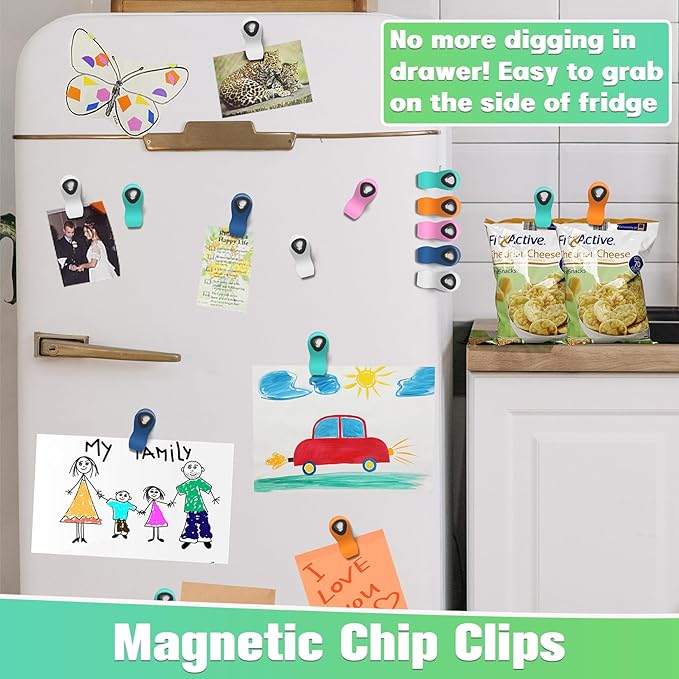 VNDUEEY 12 Pack Magnetic Chip Clips, Bag Clips, Clip for Food Packages, Kitchen Clip with Magnet for Refrigerator, Plastic Multi-Colors for Food Storage