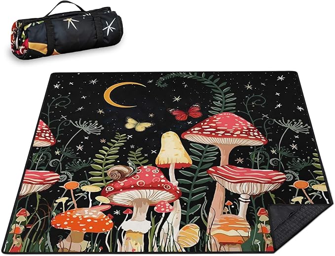Mushroom Picnic Blankets Waterproof Foldable Picnic Outdoor Blanket 80"x 80" Picnic Mat 3-Layer Thicking Outdoor Foldable Blankets Sandproof Lightweight Beach Blankets with Strap Machine Washable