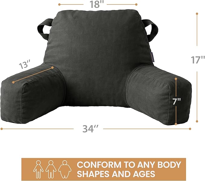 Portable Comfy Reading Pillows for Bed Sitting Up(Grey Oeko-Tex), Velvet Back Pillow with Arms & Pockets for Adults, Support Memory Foam Bed Pillow for Dorm/Reading/Watching/Gaming