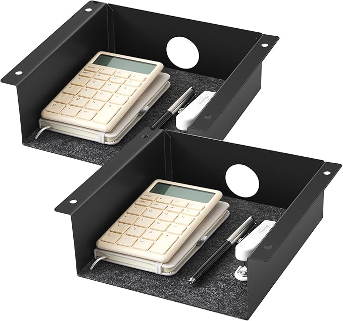 2 Pack Under Desk Hanging Shelf, Carbon Steel Storage Tray with Mute Felt Sheets, Mount Shelves Organizer for Office Home Workstation Gaming Desk Stand up(7.5x8x2.8 In/Storage Shelf,Black)