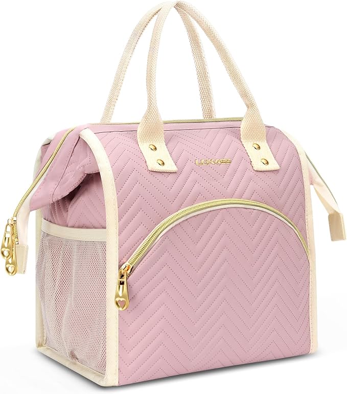 Lunch Bag Women Insulated Lunch Box Wide-Open Lunch Tote Bag Large Drinks Holder Durable Nylon Thermal Snacks Organizer for Men Adults Work Picnic Hiking Beach Fishing, Pink Wavy