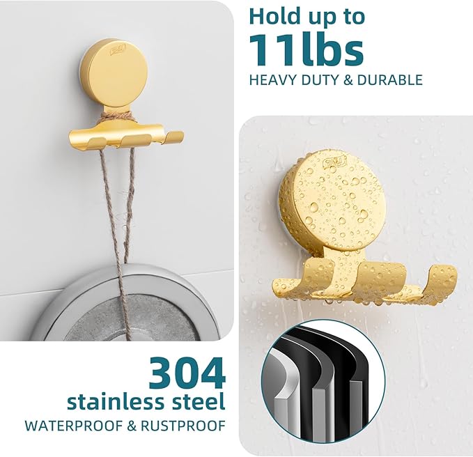TAILI 2 Pack Powerful Suction Cup Razor Holder, 304 Stainless Steel Bathroom Suction Hooks for Towel, Loofah, Bathrobe, Stylish Shaver Holder for Shower Wall, Easy to Install and Reuse, Gold