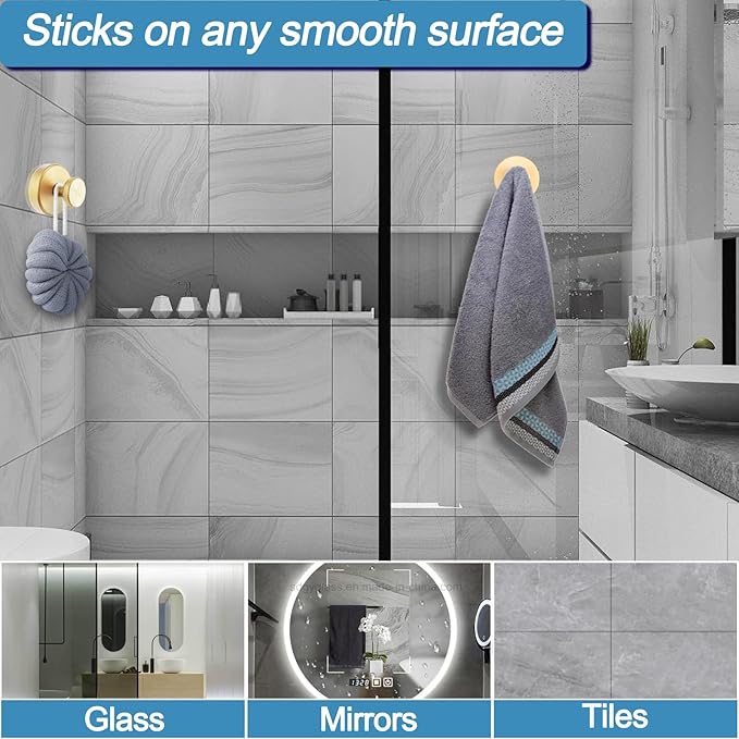 Suction Cup Hooks for Glass Window, Mirror, Wreaths - Shower Hooks for Inside Shower, No Drill Towel Hooks for Bathrooms, Bath Robe Coat Looafh Hook for Hanging - Gold (4 Pack)