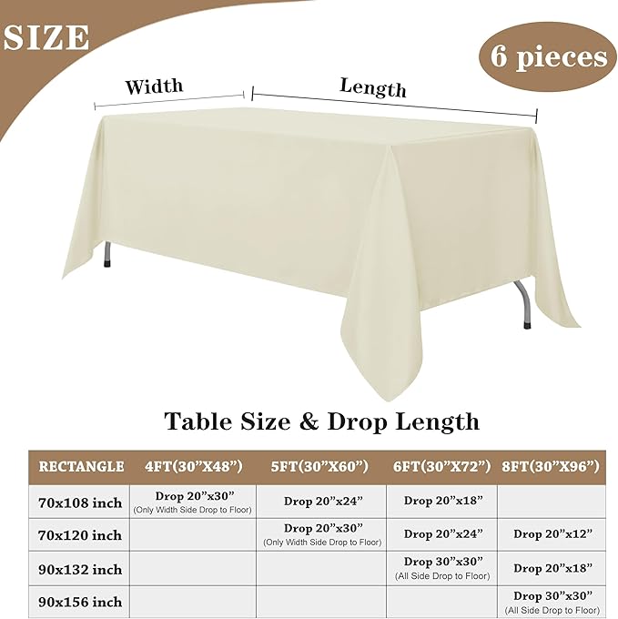 Fitable Ivory Tablecloths for 6-8 Foot Tables, 6 Pack - 70 x 120 Inches - Reusable and Washable Table Clothes, Polyester Fabric Table Covers for Wedding, Party, Banquet