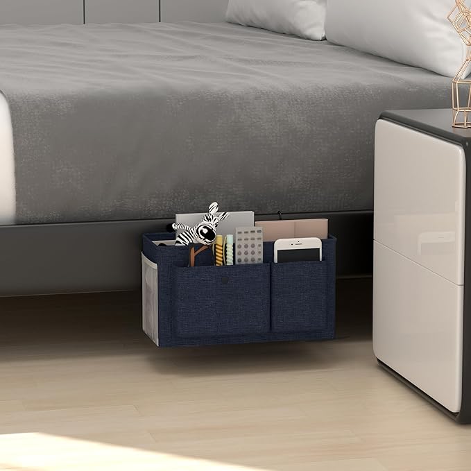 Bedside Caddy Bedside Organizer with Fixed Straps & Water Bottle Holder, Bunk Bed Caddy ideal for Home, Dorm, Hospital, Crib, Versatile Bedside Storage Solution (Navy 2pcs)