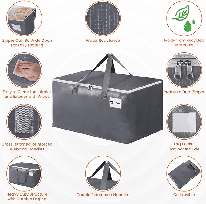 BlissTotes Large Moving Boxes and with Zippers & Handles Moving Supplies with lids, Heavy Duty Totes for Storage Bags for Space Saving, Fold Flat, Moving and Storing 76L, 8 Pack
