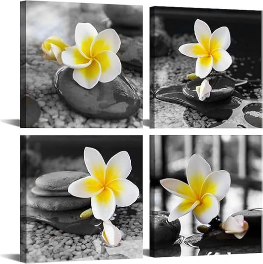 Yxbhhym-Black and White Wall Art Yellow Gray Bathroom Decorations Stone Zen Canvas Prints Spa Paintings Frangipani Flowers Pictures Meditation Artwork for Bedroom Kitchen Living Room Decor Framed