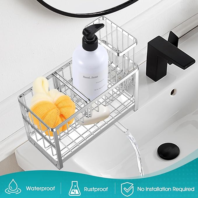 Sinnsally Kitchen Sponge Holder, 2-Tier Sink Caddy Organizer with Tall Brush Holder, Stainless Steel Sink Box Dish Scrubber Holder, Soap Tray for Kitchen Counter Accessories & Storage Rack (Silver)