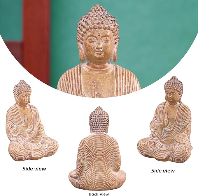 Zen Buddha Statue - Hand Carved Wood Grain Resin Meditation Decor, Feng Shui Ornament for Living Room Desk, Spiritual Space Zen Garden Decoration (Housewarming Gift/Mindfulness Aid, 7.87inch)