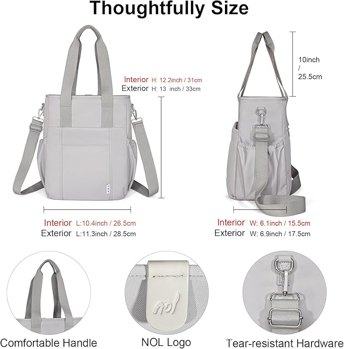 NOL Insulated Lunch Bag for Women, Large Spacious Lunch Tote Bag With Removable Adjustable Shoulder Strap with Multi Pockets, Leakproof Cooler Bag,Lightweight Nylon Waterproof Lunch Box For Work,Gray