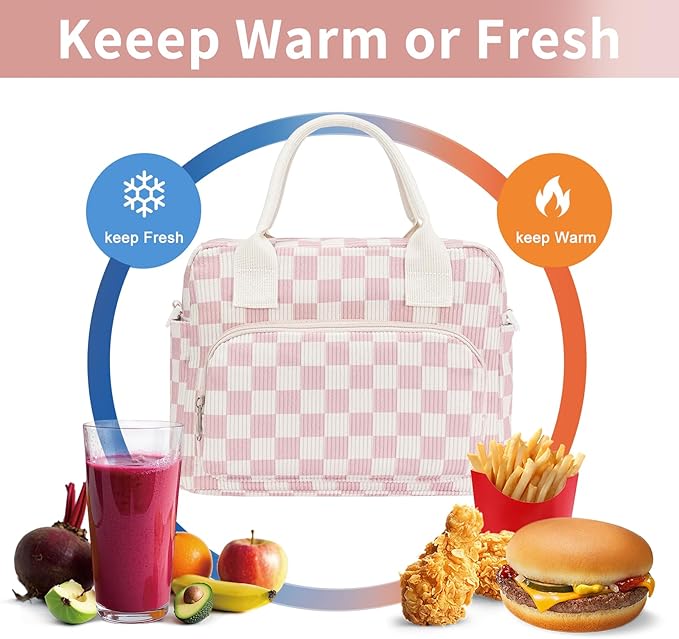 Lunch Bag Women Lunch Box for Women Adult Cute Insulated Lunch Bag Lager Cooler Lunch Tote Bags for Work Picnic (Beige-Pink Plaid)