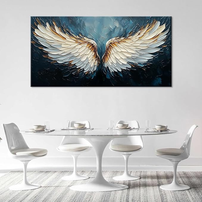 ZESTRILIA Angel Wings Wall Art Blue Oil Painting Reproduction Print Modern Abstract Canvas Paintings Waterproof Artwork Picture for Living Room Bedroom Home Office Kitchen Décor (28x58inch)