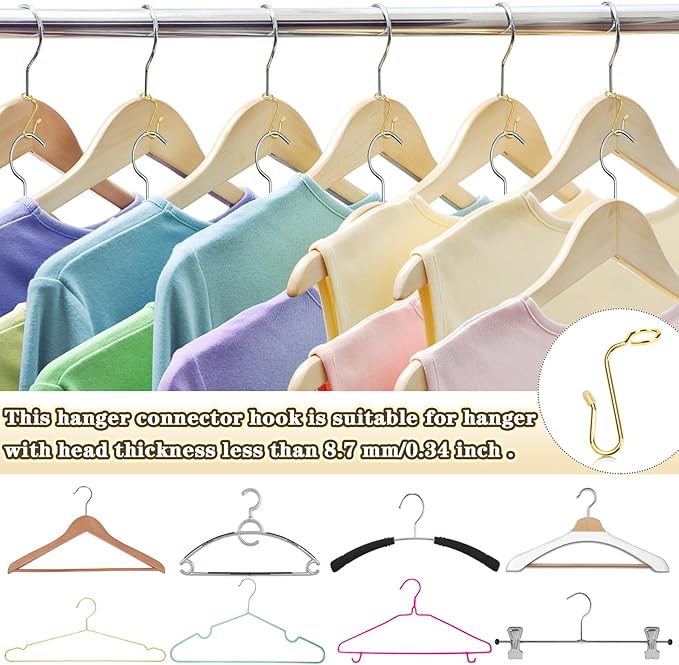 50 Pieces Hanger Connector Hooks Metal Hanger Extender Hooks Stable Clothes Hangers Connector for Different Clothes Hangers, 8.7 mm/0.35 Inch Hole Diameter,Gold
