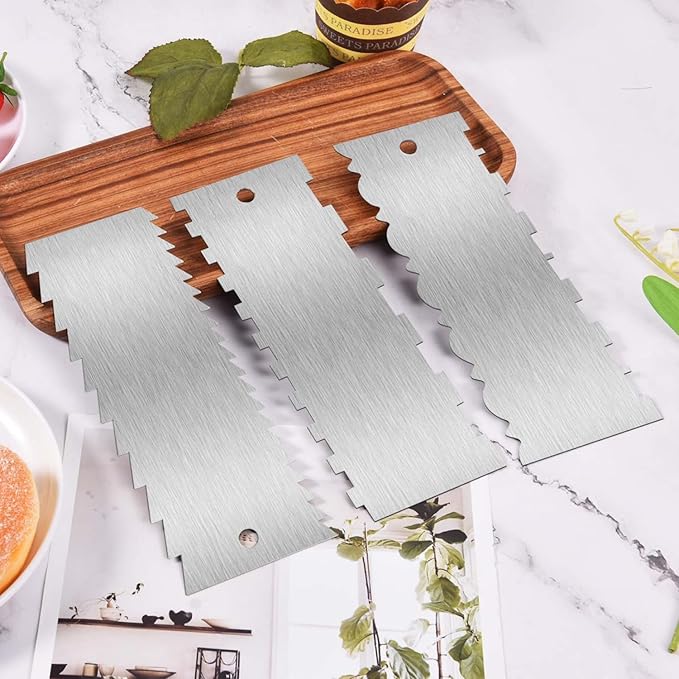 SenseYo 6 Pcs 9 Inch Stainless Steel Cream Cake Scraper Smoother Comb with Double Sides for Decorating Icing Mousse Butter