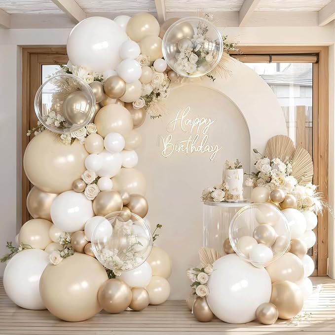 White and Gold Balloon Arch Kit, 128pcs Gold and White Balloon Garland with Chrome Gold White Sand Beige Cream Balloons Garland Kit for Wedding Bridal Shower Birthday Party Gender Reveal Decorations