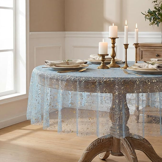 Horaldaily Light Blue Gold Gauze Tablecloth 60x60 Inch Round, Light Blue Sequin Glitter Metallic Foil, Sheer Tulle Cheesecloth for Wedding Baby Shower Ceremony Birthday