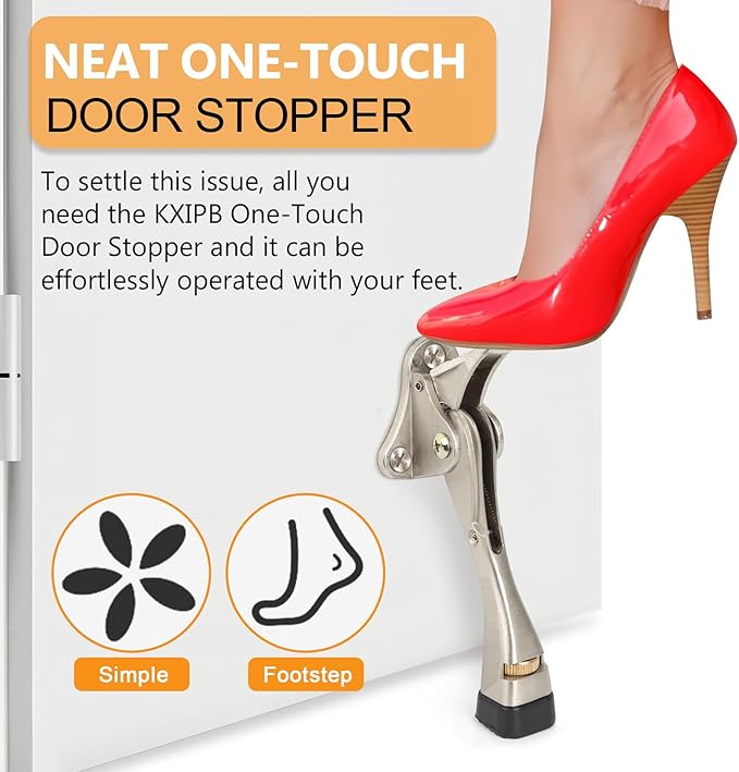Kickdown Door Stopper 4 Inches - 2 Packs One Touch Adjustable Height Door Stop for The Bottom of Door Aluminum Alloy Metal Door Stopper with Rubber Tip & Wall Protectors for Wide Doors Silver