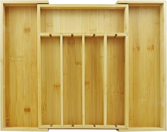 Kitchen Bamboo Silverware Drawer Organizer - Expandable Utensil Organizer for Flatware, Adjustable Cutlery & Knives. Ideal Utensil 7 Slots Total Drawer Organizer for Kitchen, Natural