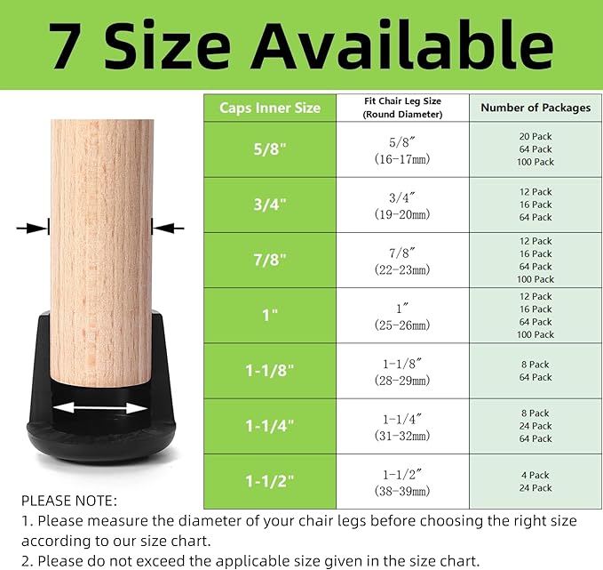 Furnigear Chair Leg Tips Caps Non-Slip Rubber Leg Tips 1-1/2” Inner Diameter Chair Leg Floor Protectors Round Black 4 Pack (Fit Round Diameter 38-39mm)