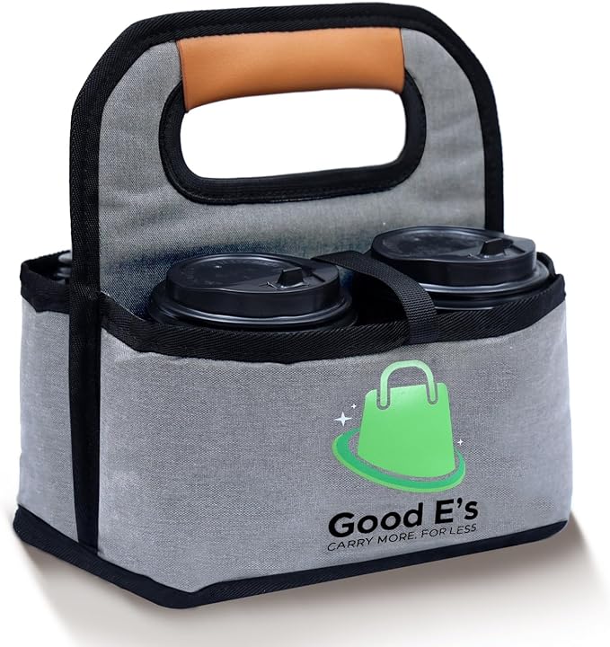 Good E's 4 Cup Reusable Coffee Cup Carrier for Delivery, Insulated, Waterproof, Portable Tote Bag Drink Holder with Leather Handle Organizer for Cold/Hot Beverages (16oz to 24oz)