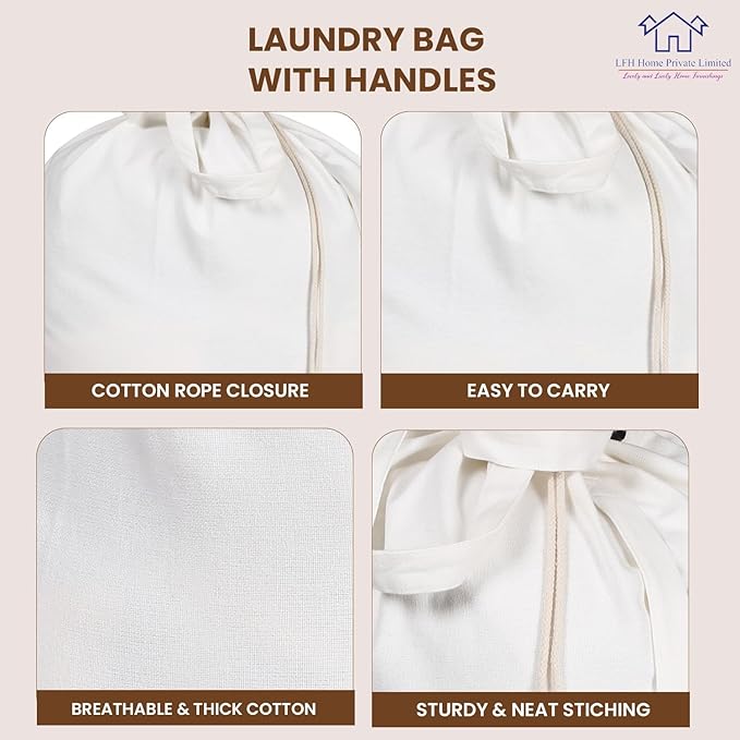 LFH Home Cotton Canvas Large Laundry Bag with Handle, Heavy Duty Drawstring Closure Washable Laundry Bags, School Travel, Home, Hotel, College Dorm, Organizer Sack, Toy Clothes 28x40 (Pack of 2)-White