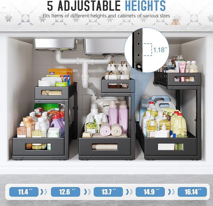 Biboraya 1 Pack 20.47IN Depth Under Sink Storage Organizer, Large 2-Tier Elegant Mesh Pull Out Shelf for Kitchen and Bathroom Cabinet Organization, L-Shaped and Adjustable Height Design-Black