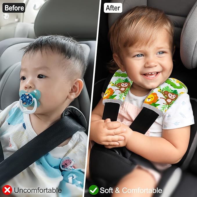 Seat Belt Cover Pad for Baby, Soft Seatbelt Cushion Covers for Kids, 2 Pcs Car Seat Strap Shoulder Pads for All Car Seats, Stroller, High Chair, Green Zoo