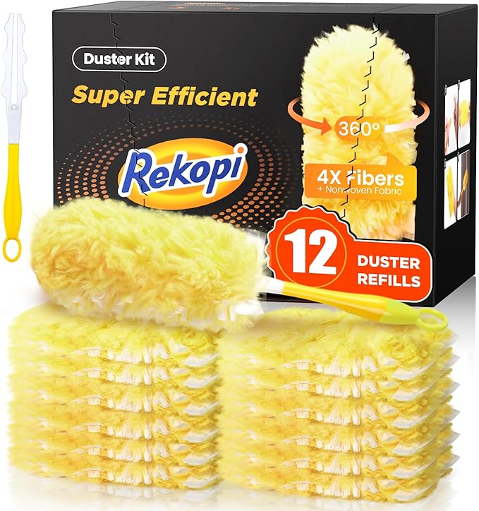Heavy Duty Duster Refills for Swiffer Duster, 12 Count Duster Refills with 1 Handle, Multisurface 360° Dusters with 4X Microfibers, Unscented Disposable Dusters for Cleaning