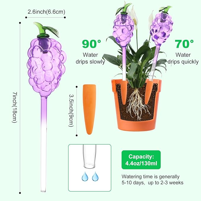 Yurucenus Plant Watering Globes, Grape Shape Self Watering Globes, Plant Watering Devices, 3PCS Purple+Green Color Clear Glass Bulbs Self Watering Planter Insert