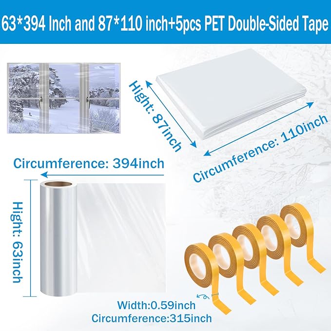 Window Insulation Kit, 63 × 394 Inch and 87 x 110 Inch Plastic Window Covering for Winter, Window Insulation Film Window Wrap Insulation Windows Winterizing Kit with Double-Sided Tape