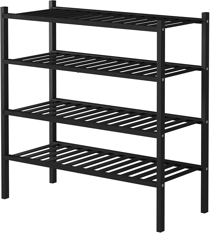 ROMGUAR CRAFT 4 Tier Bamboo Shoe Rack for Closet, Free-Standing Wood Shoe Shelf for Entryway Small Space, Stackable, 27"x11"x26" (Black)