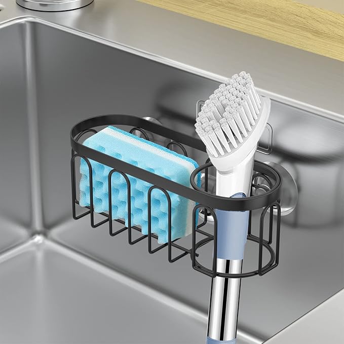 Yazoni 2-in-1 Sponge Holder for Kitchen Sink, Suction Cup Sponge Rack Kitchen Caddy, No Drill Rustproof Sink Organizer Holder for Place Dishwashing Brush Soap (Black)