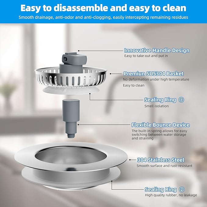 Hibbent 2 Pack 3 in 1 Kitchen Sink Drain Strainer, Stainless Steel Wrapped Shell Drain Stopper Combo, Pop Up Sink Stopper, Anti-Clogging Metal Basket Strainer with Handle for US Standard 3-1/2" Drain