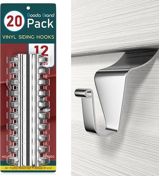 Booda Brand Vinyl Siding Hooks (20 PCS), Heavy-Duty Stainless Steel Siding Hooks Vinyl Siding Hangers, Low Profile & No Holes Needed Siding Clips for Hanging Wreaths, Welcome Signs, String Lights