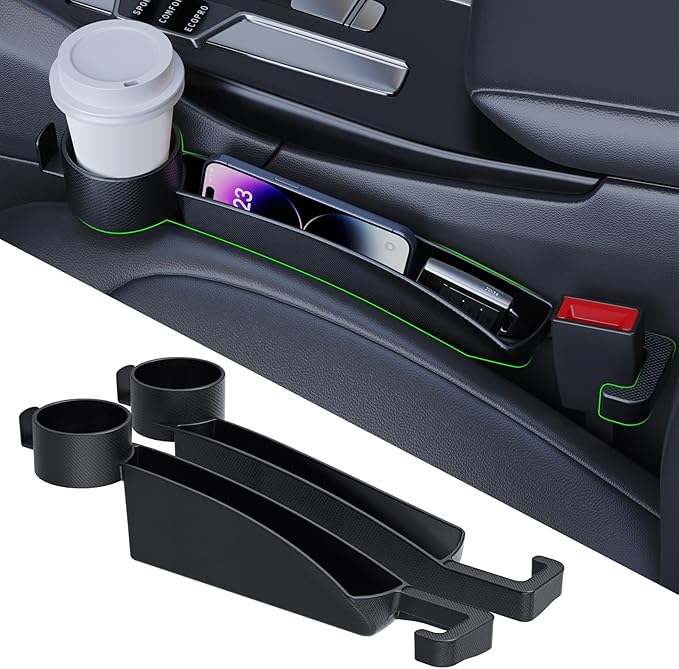 Car Seat Seat Filler 2-Piece Set to Fill the Void Between the Seat, Seat Blocker to Prevent Items from Dropping, 4-in-1 Multifunctional Water Cup Holder Hook, Large Capacity Storage, Universal for SUV, Sedan, Truck