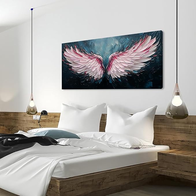 ZESTRILIA Angel Wings Wall Art for Girls Room Pink Navy Blue Canvas Oil Painting Prints Modern Abstract Fantasy Anime Artwork Living Bedroom Office Decor (40x20 Inches)