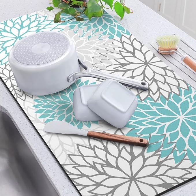 Findosom 2PCS 12" x 20" Dish Drying Mat & 24" x 5.5" Sink Splash Guard, Super Absorbent & Cuttable Dish Mat Drying Kitchen Mat with Teal Floral, Hide Stain Drying Mat for Kitchen Counter