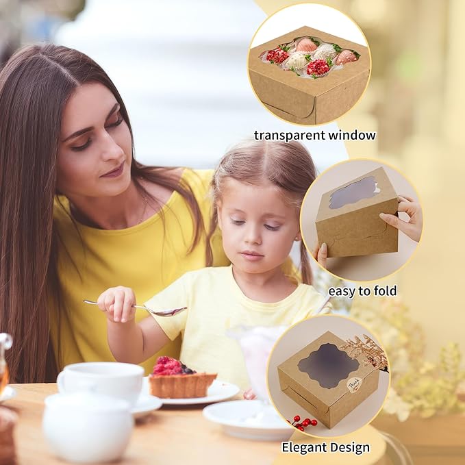 WINKIO 12 Pieces Cookie Boxes with Window, 6×6×3 Inches Treat Boxes for Bakery Dessert Pastry Mini Cake Favor Donut Baked Goods (brown, with Stickers)