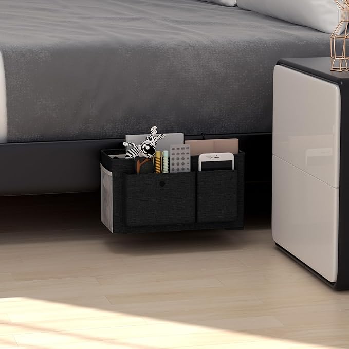 Bedside Caddy Bedside Organizer with Fixed Straps & Water Bottle Holder, Bunk Bed Caddy ideal for Home, Dorm, Hospital, Crib, Versatile Bedside Storage Solution (Black)