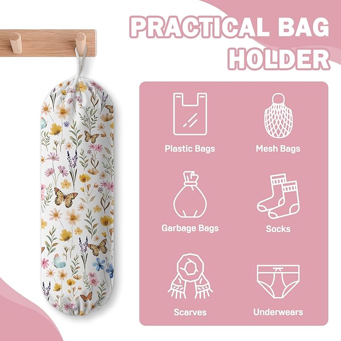 Plastic Bag Holder, Grocery Bag Organizer Storage, Kitchen Dispenser Holders Reusable Shopping with Adjustment Drawstring Closure for Kitchen Farmhouse Decor, Vintage Floral