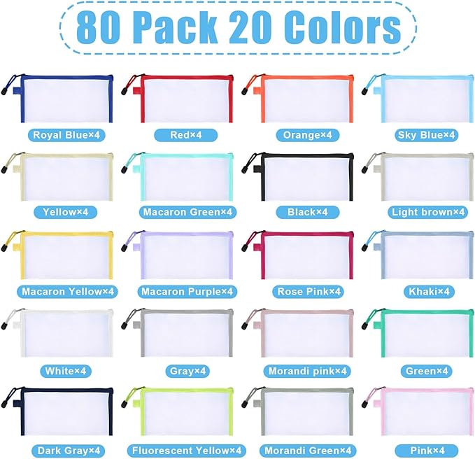Leelosp 80 Pcs Mesh Zipper Pouch Bulk Back to School Pencil Storage Pouch Mesh Cosmetics Bags Toiletry Makeup Bags for Office Travel Organization(Multicolor,9 x 4.7 Inch)