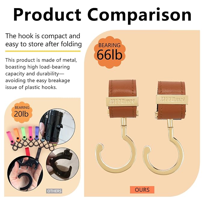 2 Pack Stroller Hooks,Strong Synthetic Leather Hook-and-Loop Fastener&High-Quality Metal Hooks,Universal Bag Clip|360° Rotation, 66lb Capacity,Non-Slip-Fits Wheelchair(Pink-Silver Gray)